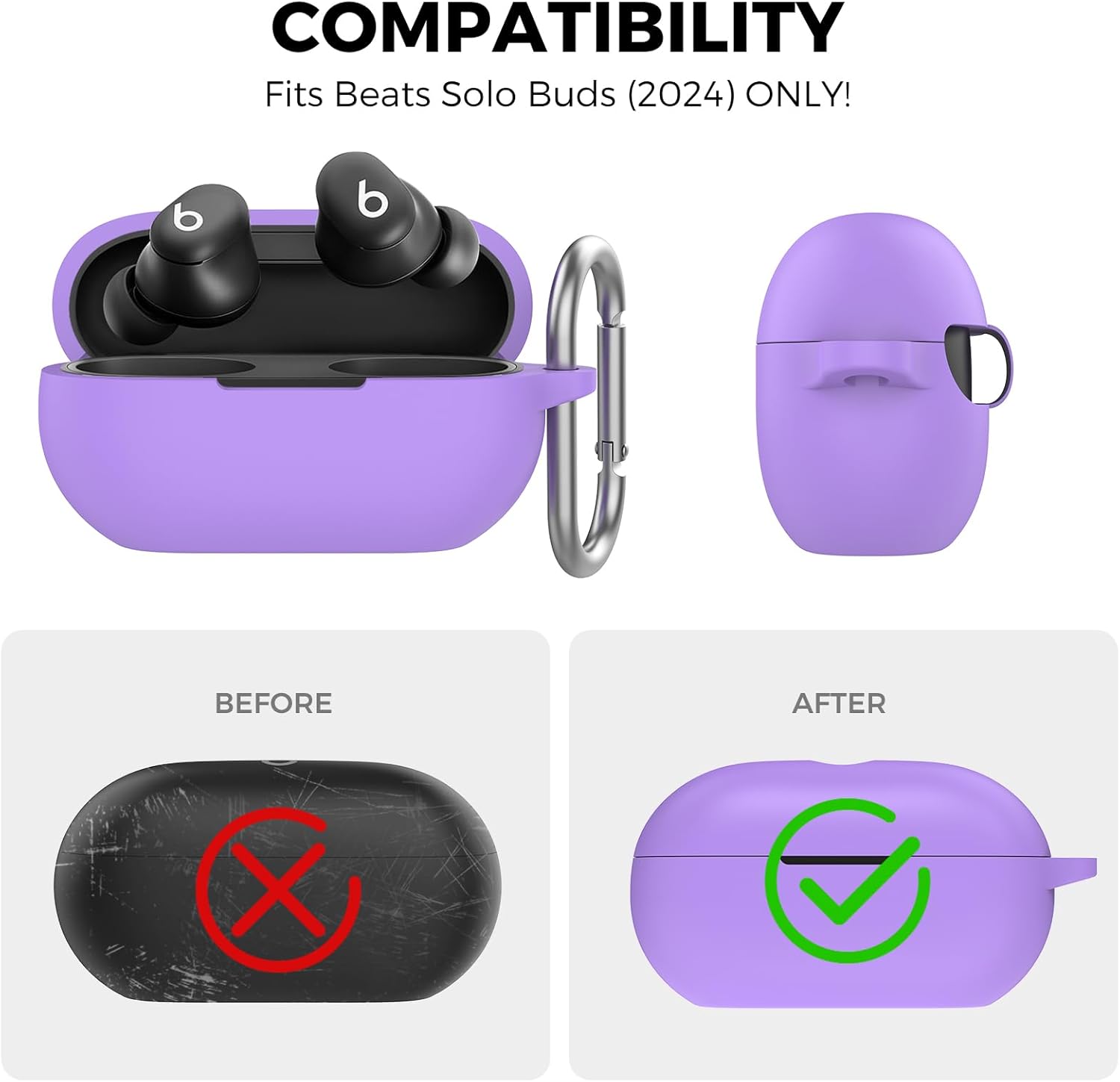 AhaStyle Silicone Case for Beats Solo Buds (2024) [Added Metal Carabiner] Shockproof Full Protective Skin Case Cover Compatible with Beats Solo Buds 2024 Wireless Earbuds (Lavender) - Image 2