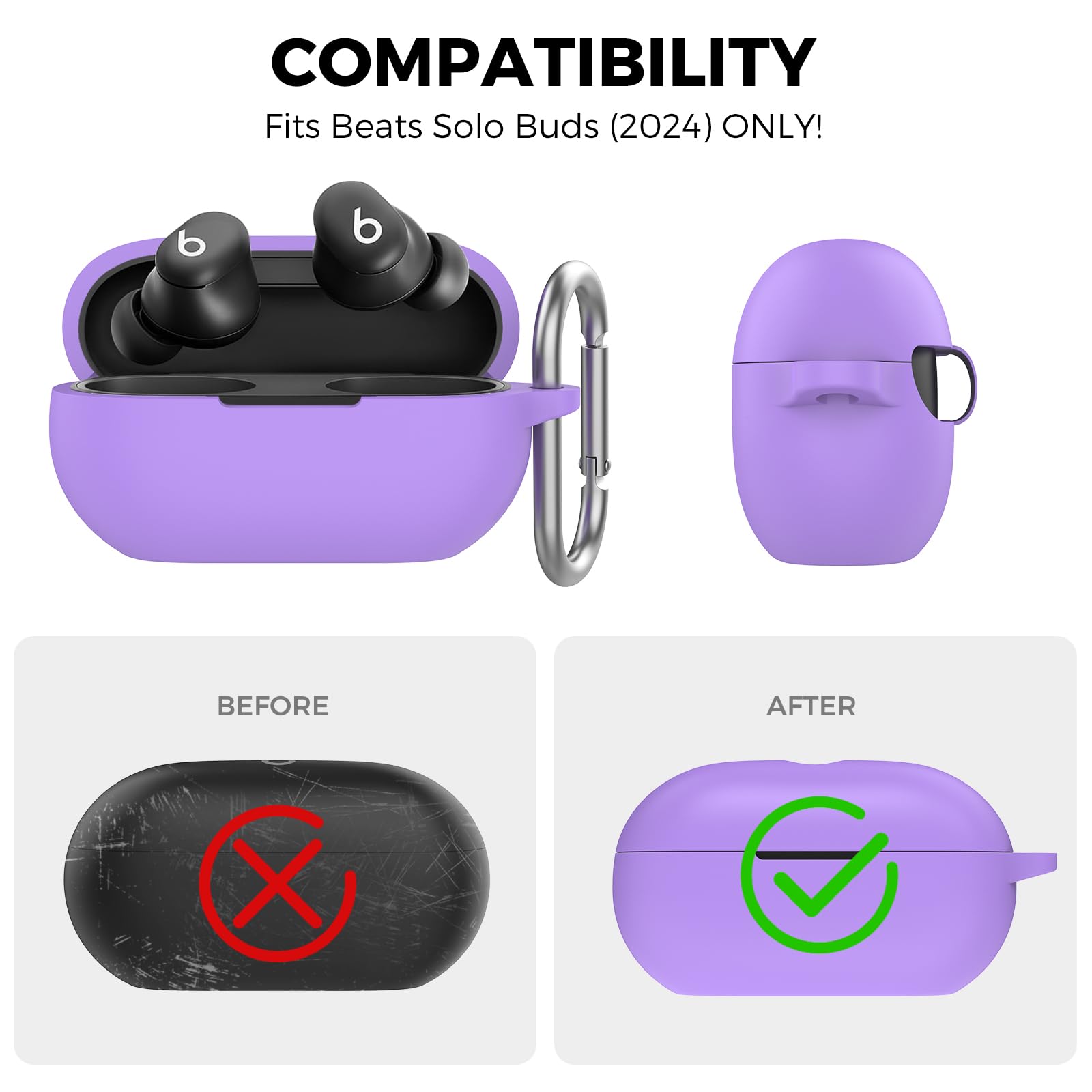 AhaStyle Silicone Case for Beats Solo Buds (2024) [Added Metal Carabiner] Shockproof Full Protective Skin Case Cover Compatible with Beats Solo Buds 2024 Wireless Earbuds (Lavender)