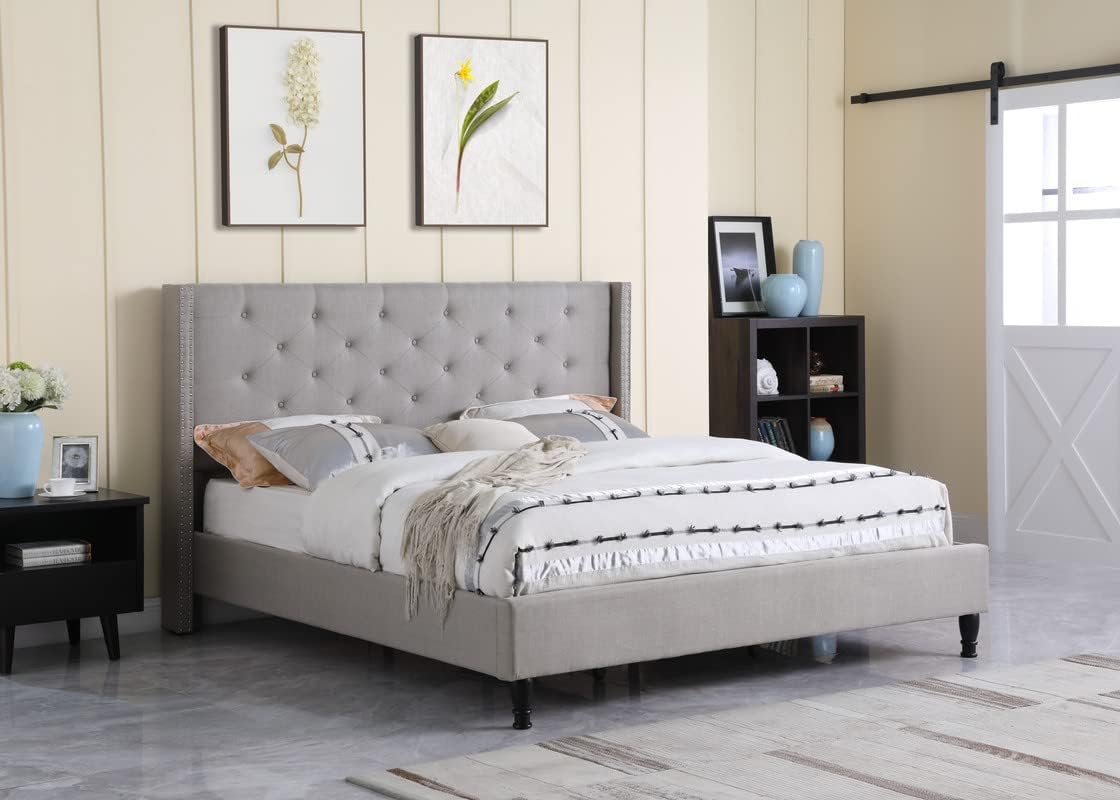 King Upholstered Platform Bed Frame with 51" Tall Headboard - Button Tufted Cloth Bed - Wood Slat Support with Storage Space - No Box Spring Needed - Easy Assembly - Grey - Oliver & Smith - Astor