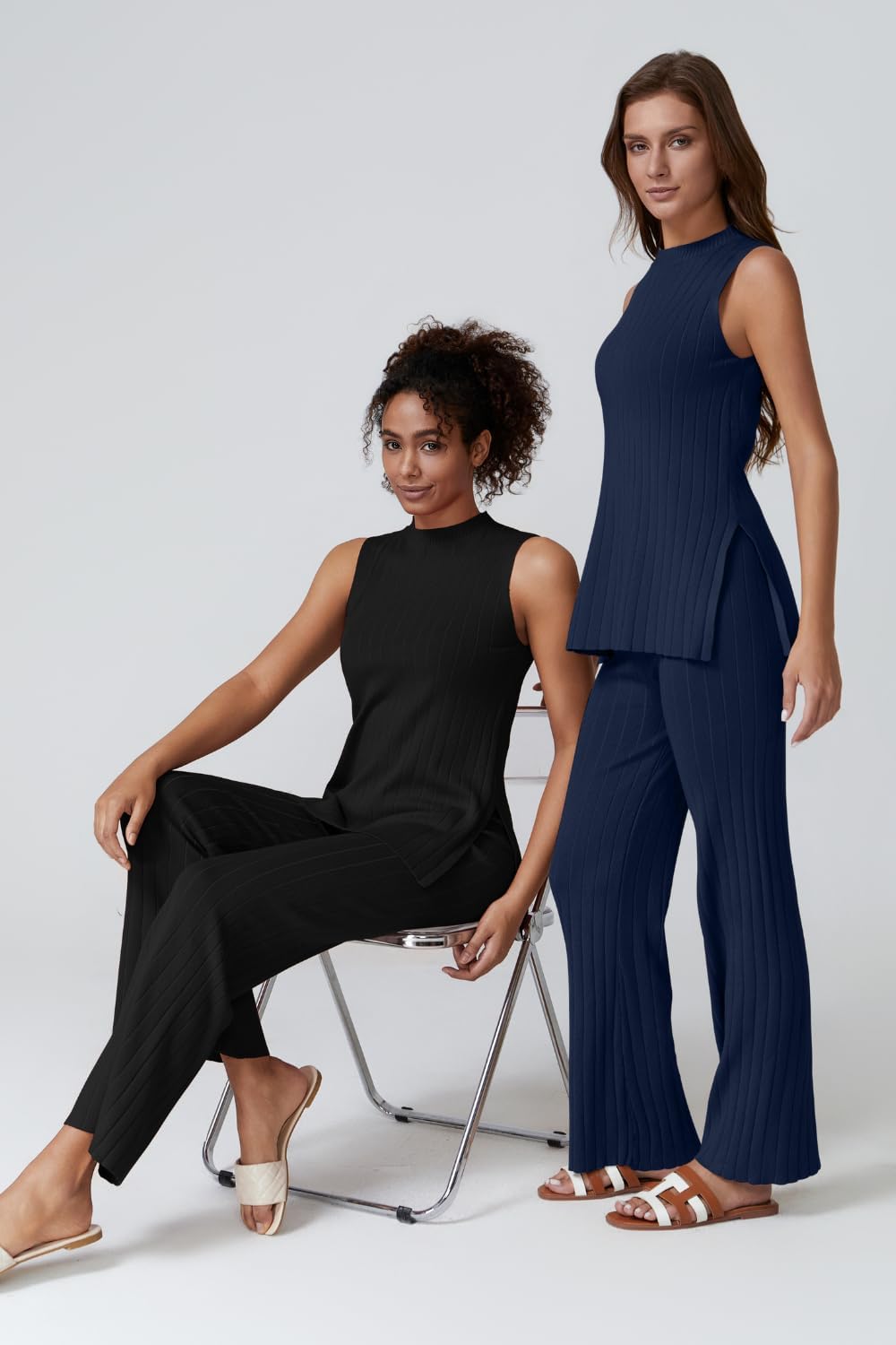 QINSEN Lounge Sets for Women Two Piece Outfits Knit Sleeveless Vented Hemline Tops Wide Leg Pants Sweater Sets - Image 5