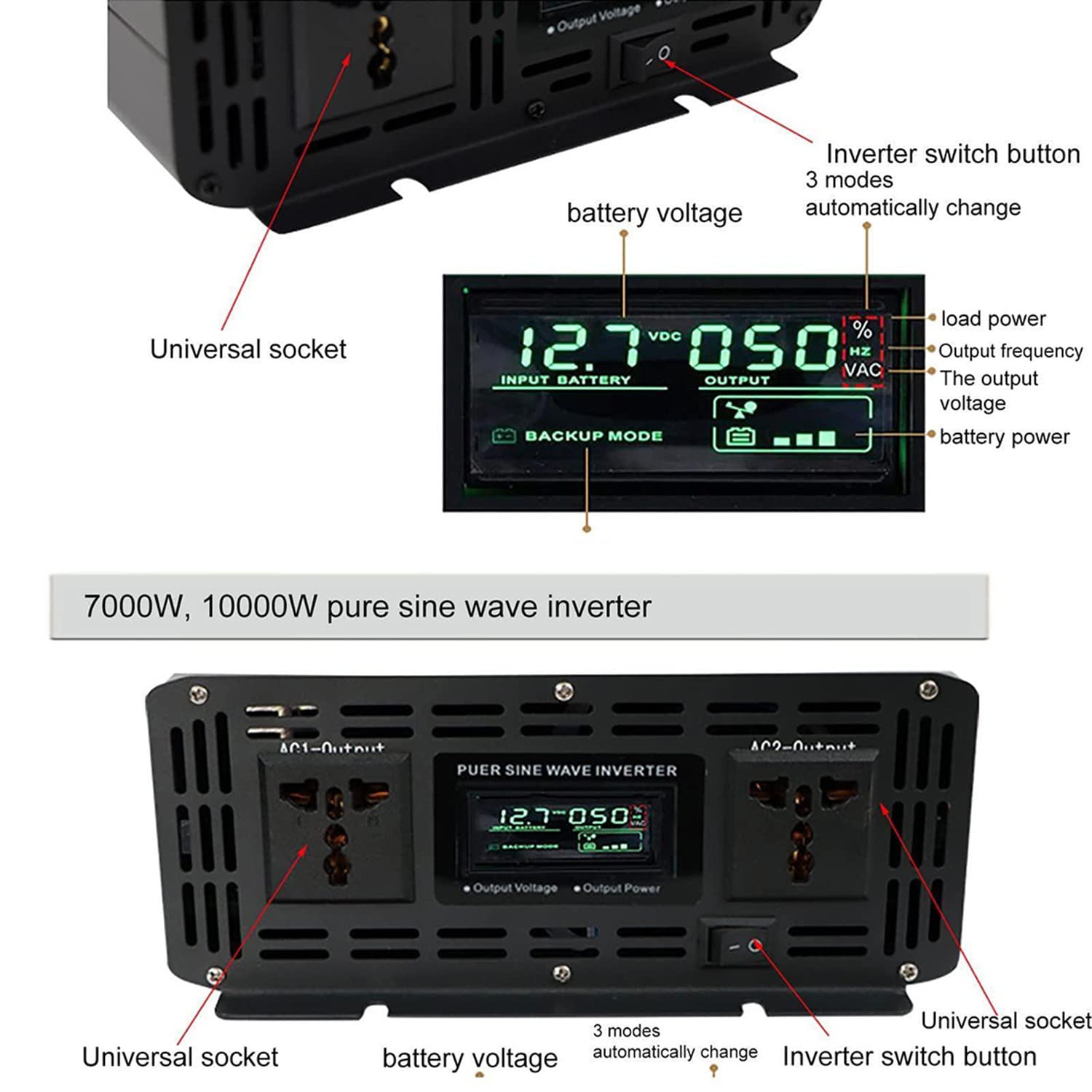 Inversor de Onda sinusoidal Pura 3000w/3500w/4500w/7000w/10000w DC 12v 24v 48v a AC 110v-220v con enchufes y Pantalla LCD, convertidor de Voltaje, 7000W-24Vto220V