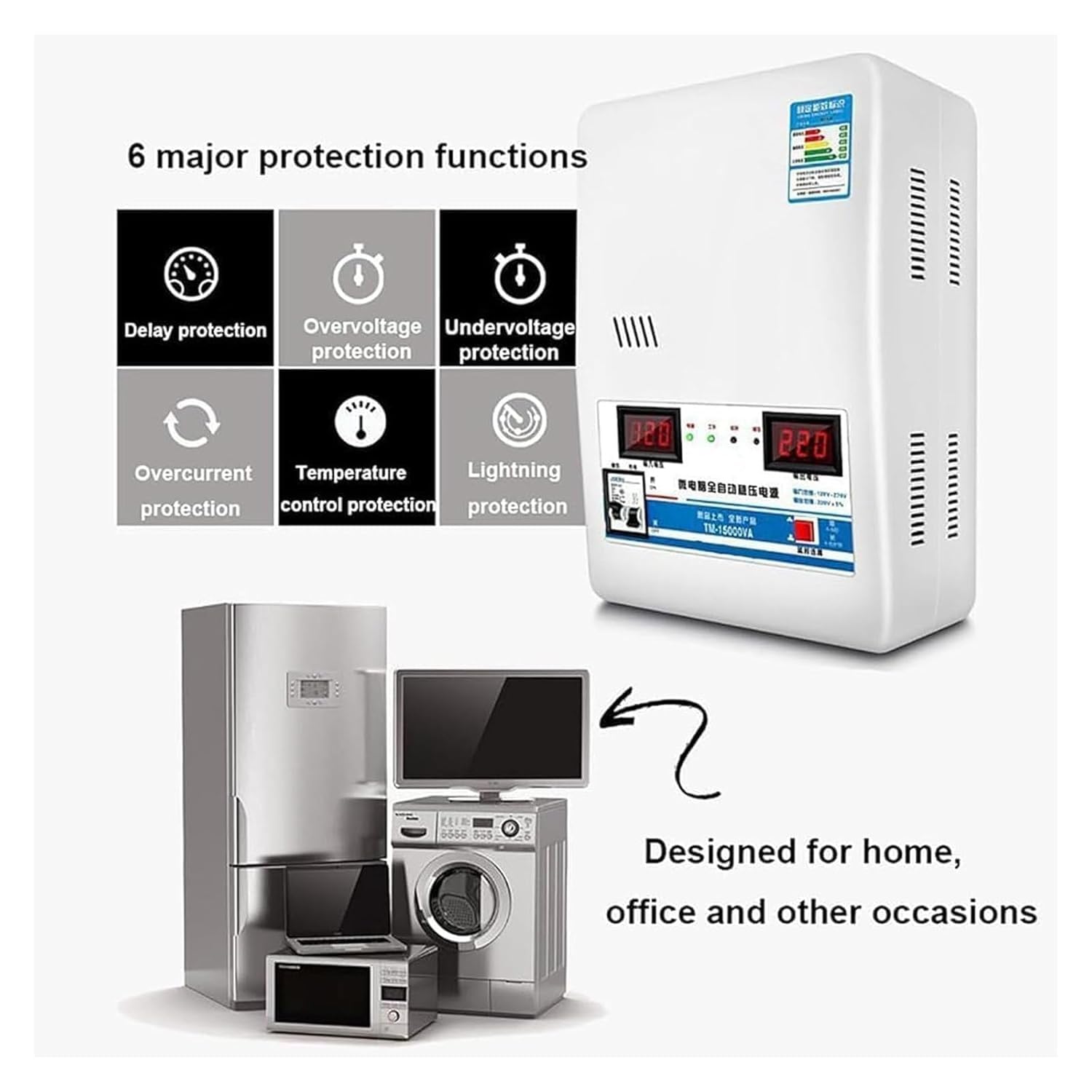 Estabilizador Automático de Tensión, Estabilizador Monofásico CA Fuente de Alimentación Montaje en Pared o en Plano, Alta Eficiencia de Conversión 120V-270V