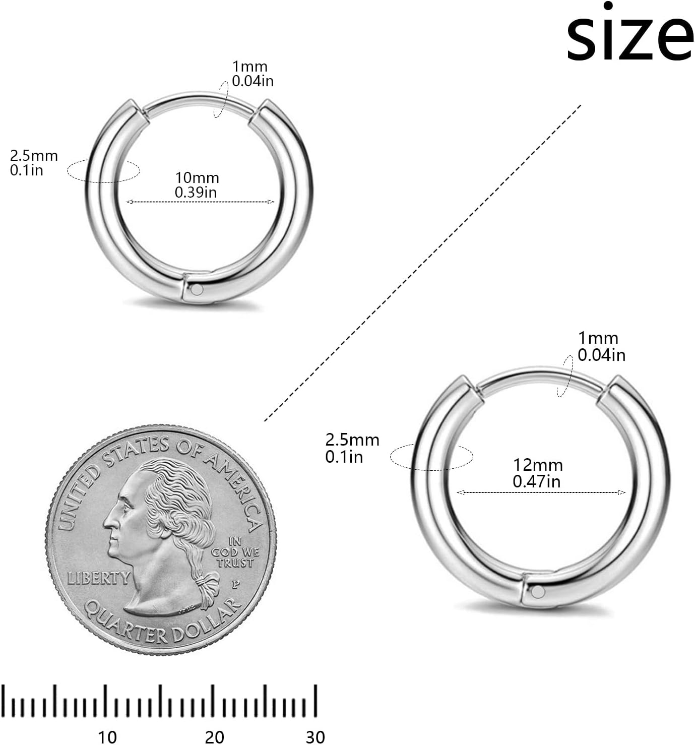 316 Stainless Steel Huggie Hoop Earrings, 10mm/12mm, Hypoallergenic, Lightweight - Image 2