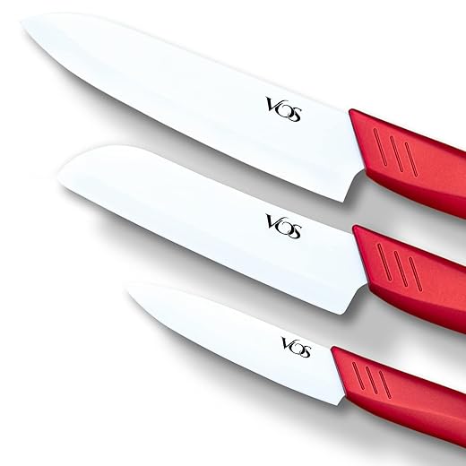 Vos Ceramic Knife Set with Covers 3 Pcs - 6" Chef Knife, 5" Santoku Knife, 4" Paring Knife, 3 Covers - Ideal Kitchen Knives for Fruit, Vegetables and Meat - Elegant Gift Box (Red)