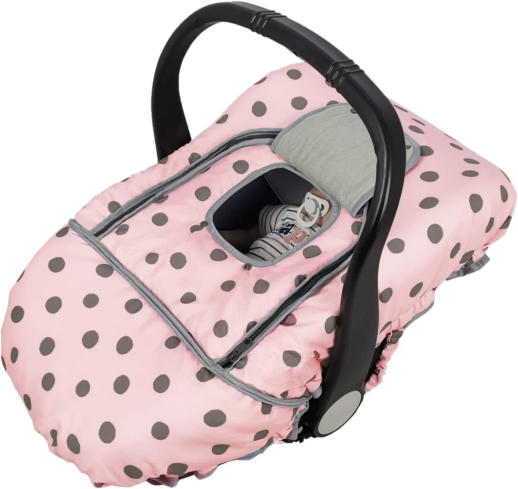 Carseat Cover Girls, Winter Baby car seat Covers for Infant car seat, Baby Carrier Cover Canopy, Window in Door Zipper Open, Thick Padded, Pink dots;