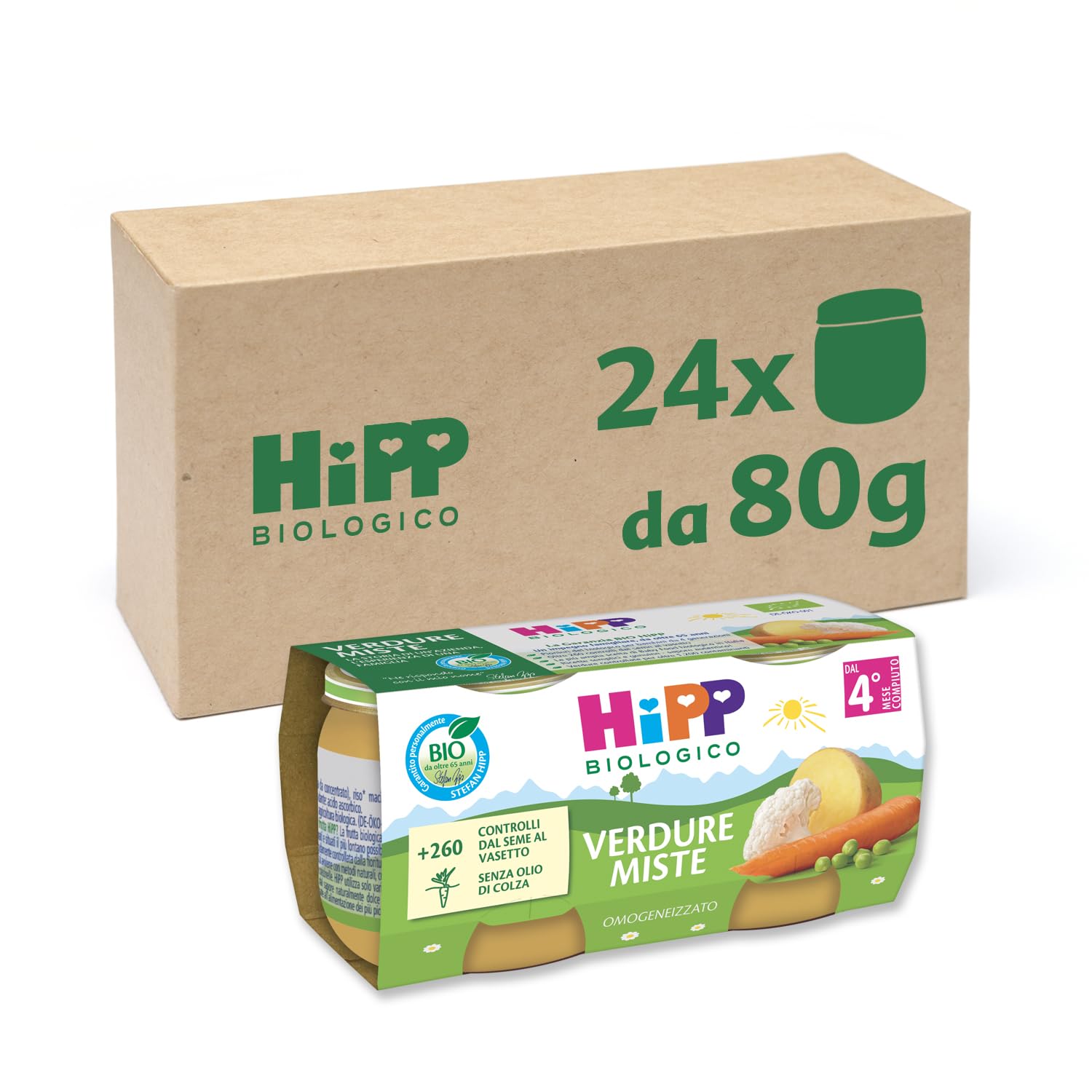 HiPP - Omogeneizzato di Verdure Biologico per Neonati, Gusto Verdure Miste, Senza glutine, Senza Sali e Aromi Aggiunti, 24 Vasetti da 80 g - 1