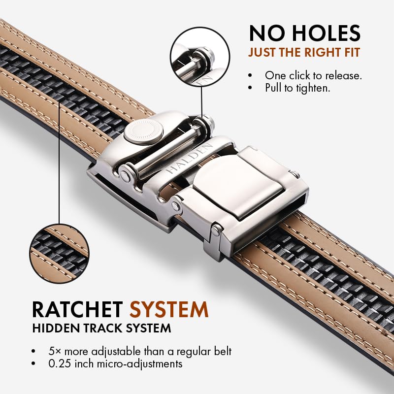 Image of HALDEN THEO Belt For Men Leather Original (Adjustable Fits Up to 44 Inch Waist) Ratchet Straps, Unique Magnetic Auto-lock Buckle Adjustable Belt For Men