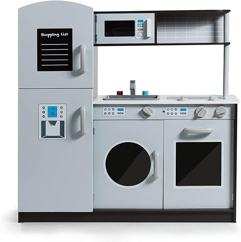 Juego de cocina para niños, cocina de juguete de chef de madera con sonido, fregadero, lavadora, armario de almacenamiento, microondas,