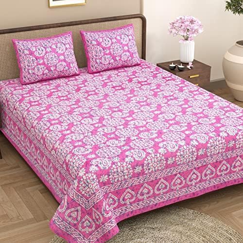 Image of Opulent Collection Double Bedsheet with 2 Pillow Cover | 100% Cotton Bedsheets for Double Bed | Handloom Bedsheet | Size 86x90 inches | King Size (90X102 Inches) (Medium Pink, King)