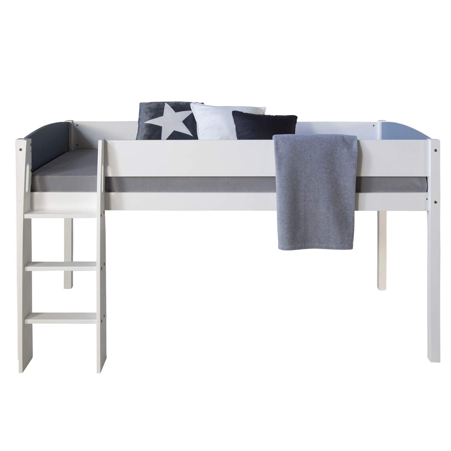 Homestyle4u Hochbett 90x200 Weiß Grau - Kinderbett Kiefer mit Treppe | Massives Stockbett aus Holz für Jungen & Mädchen, stabiles Etagenbett inklusive Rausfallschutz & Leiter wechselseitig