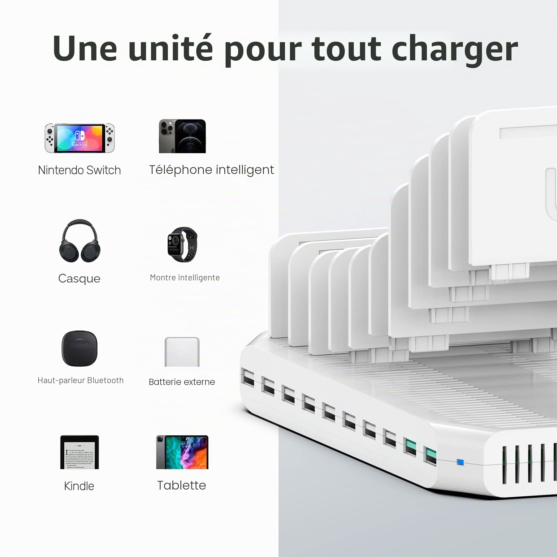 Unitek 96W 10 Ports USB Station de Charge,Station de Chargement avec QC3.0