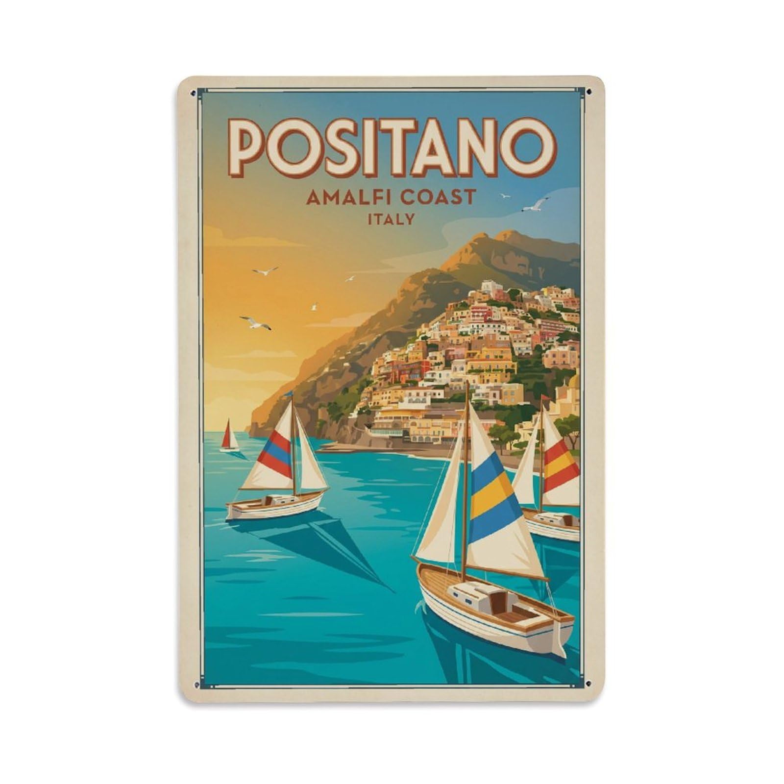 Vintage Travel Positano Italy Afternoon Metal Tin Sign Plaque Wall Decor for Cafe, Club Bar, Office, Garden Metal Poster 8x12Inch