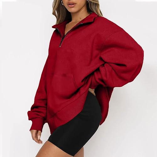 Vista 4 de Stessotudo Sweatshirts for Women Half Zip Up Long Sleeve Athletic Hoodie Oversized Solid No Hood Casual Y2K Tops with Pockets