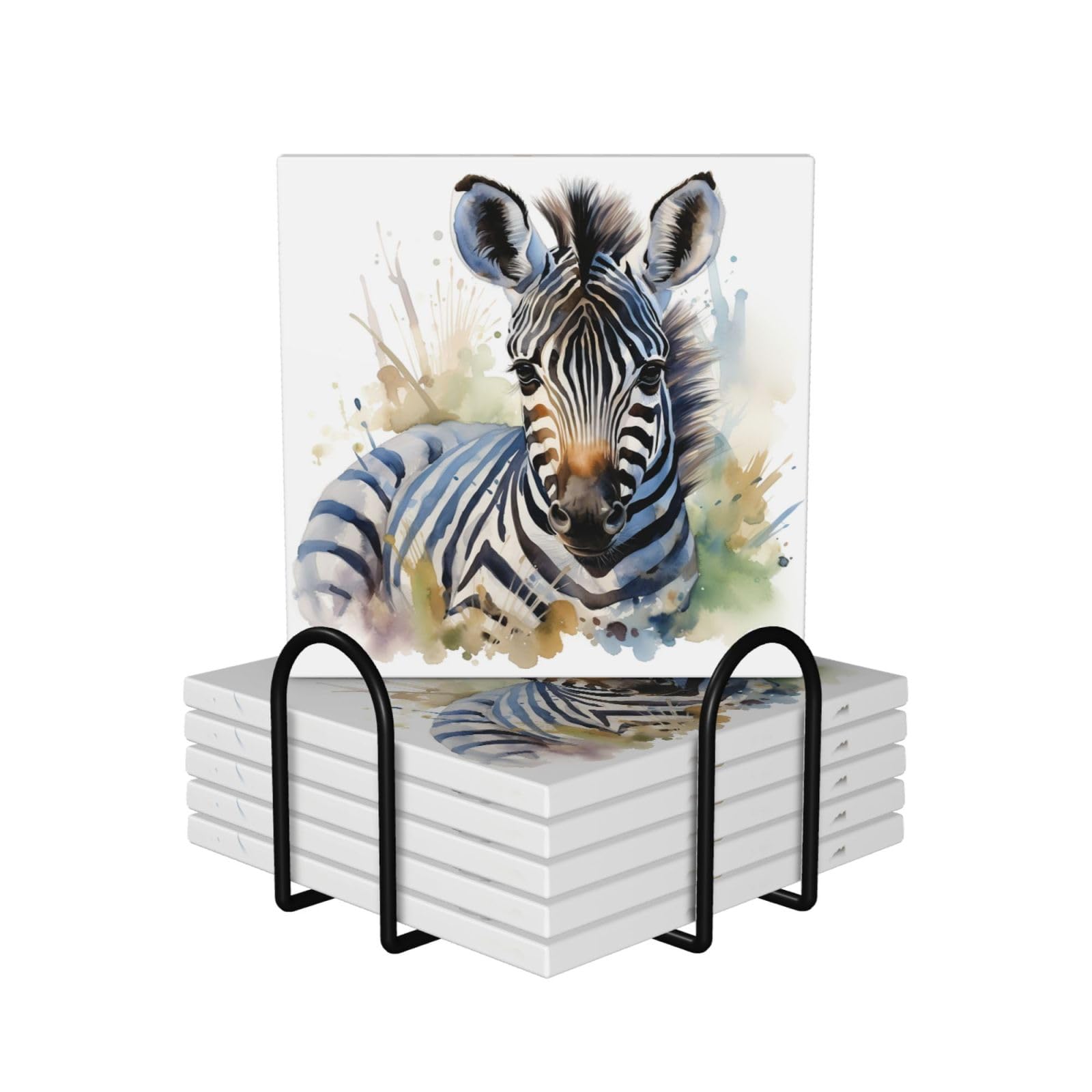 6Pcs Ceramics Coaster for Drinks, Cute Zebra Watercolor Cup Coasters with Holder, Aesthetic Drink Coasters for Coffee Table, Absorbent Round Coaster for Tabletop Protection 4" Cup Mat Pad