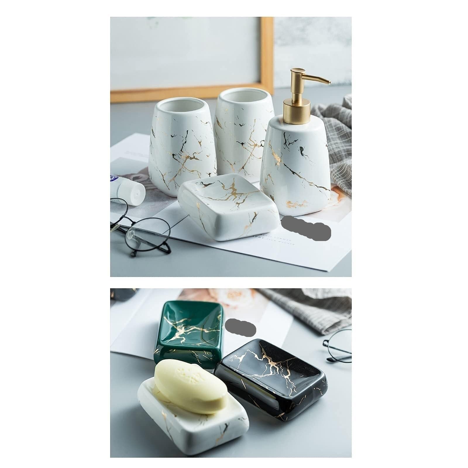 Zestaw dozowników do mydła do łazienki 5-częściowy Zestaw Akcesoriów Łazienkowych Ceramiczny Wzór Marmuru Dozownik Mydła Gospodarstwo Domowe Łazienka Kubek Do Płukania Ust akcesoria łazienkowe(White)
