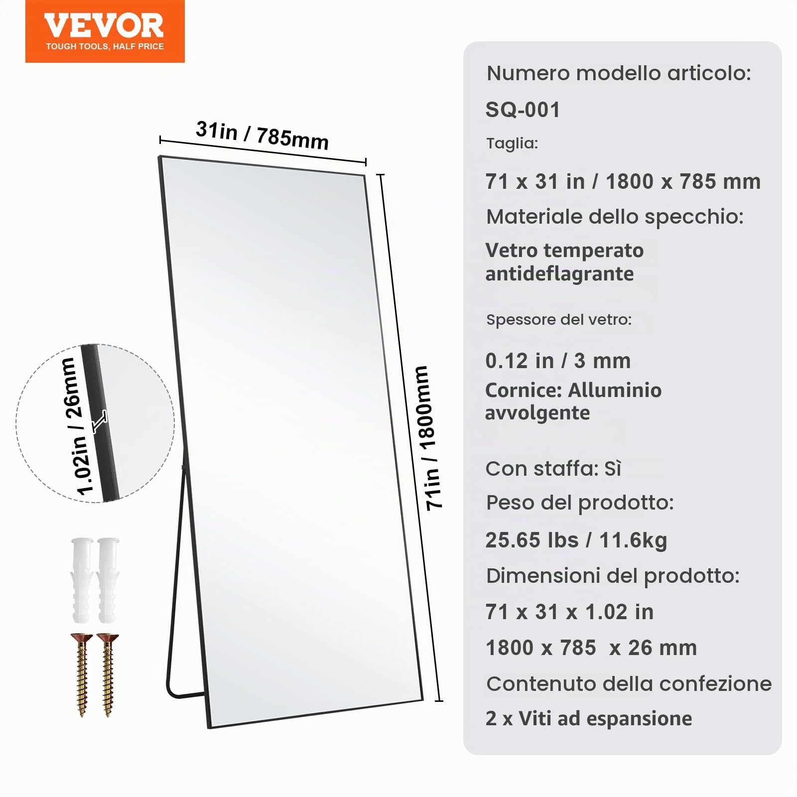 VEVOR Specchio a Figura Intera 1800 x 785 mm Extra Grande da Terra, Rettangolare, da Appendere o Appoggiare, Telaio in Lega di Alluminio, da Toeletta per Camera da Letto, Nero
