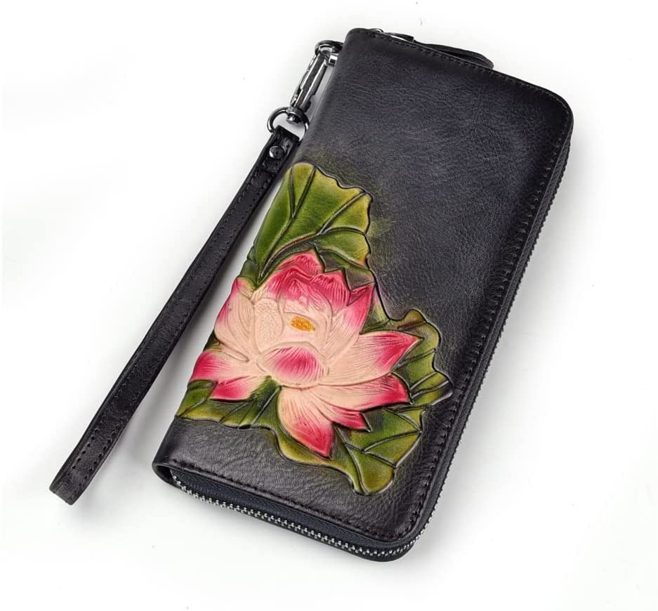 Minimalist Wallet Leather Women's Wallet Fashion Natural Lotus Pattern Purse Clutch Ladies Long Large Capacity Bifold Coin Pocket Card Holder4