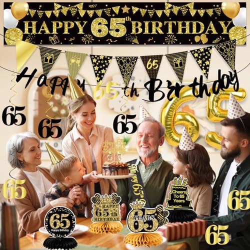 Image of 65th Birthday Decorations for Men, Black Gold 65th Party Decoration Kits | 27pcs Happy 65th Birthday Set, Banner, Honeycomb, Balloons, Gold Number, Candle, Hanging Swirls, Cake Topper, Party Supplies
