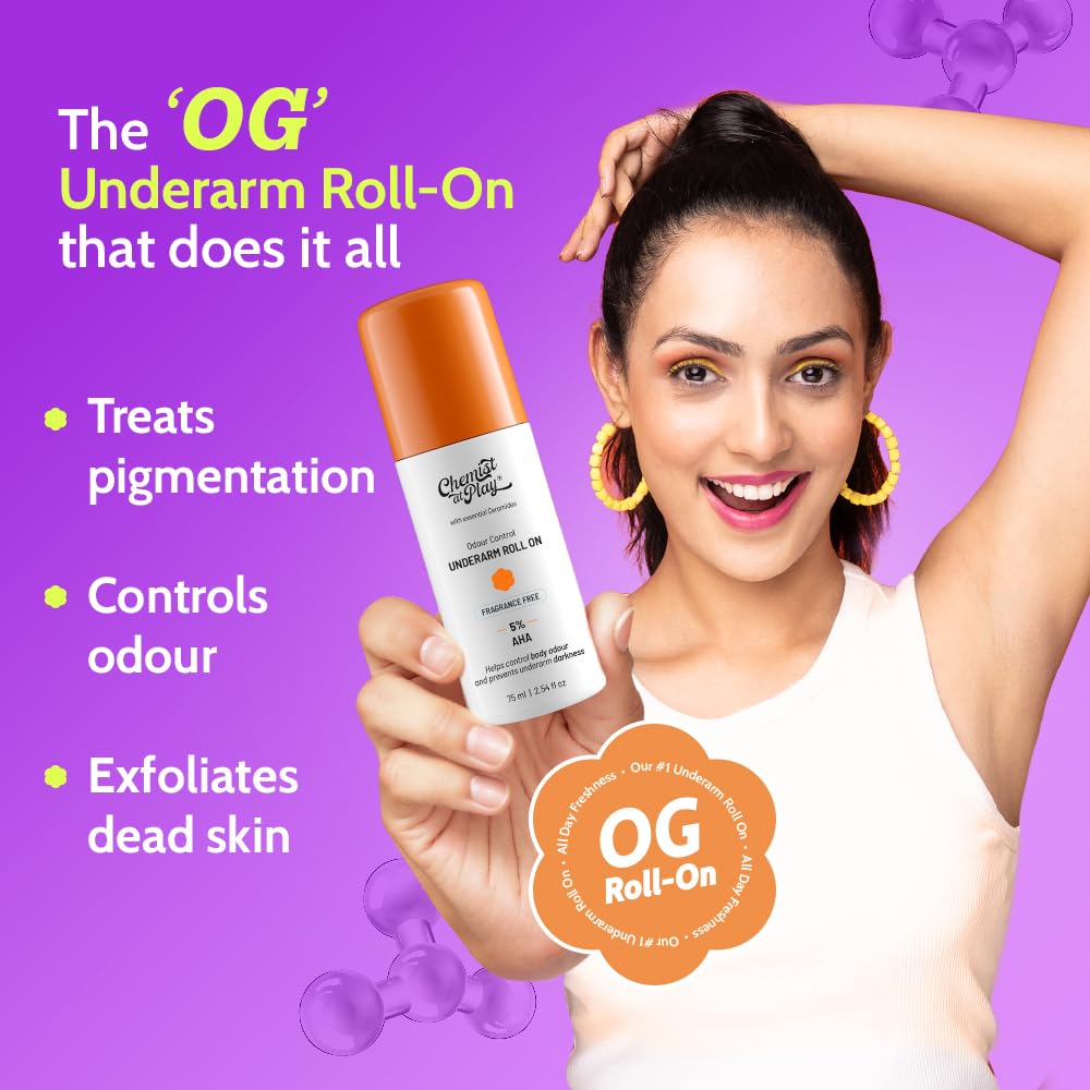 Chemist At Play UnderArm Roll-On with 5% AHA, Lactic Acid & 1% Mandelic Acid|Prevents Body Odour, Fades Pigmentation & Kills Bacteria|0% Aluminium & 0% Alcohol|For Sensitive Skin|Fragrance-Free|75ml