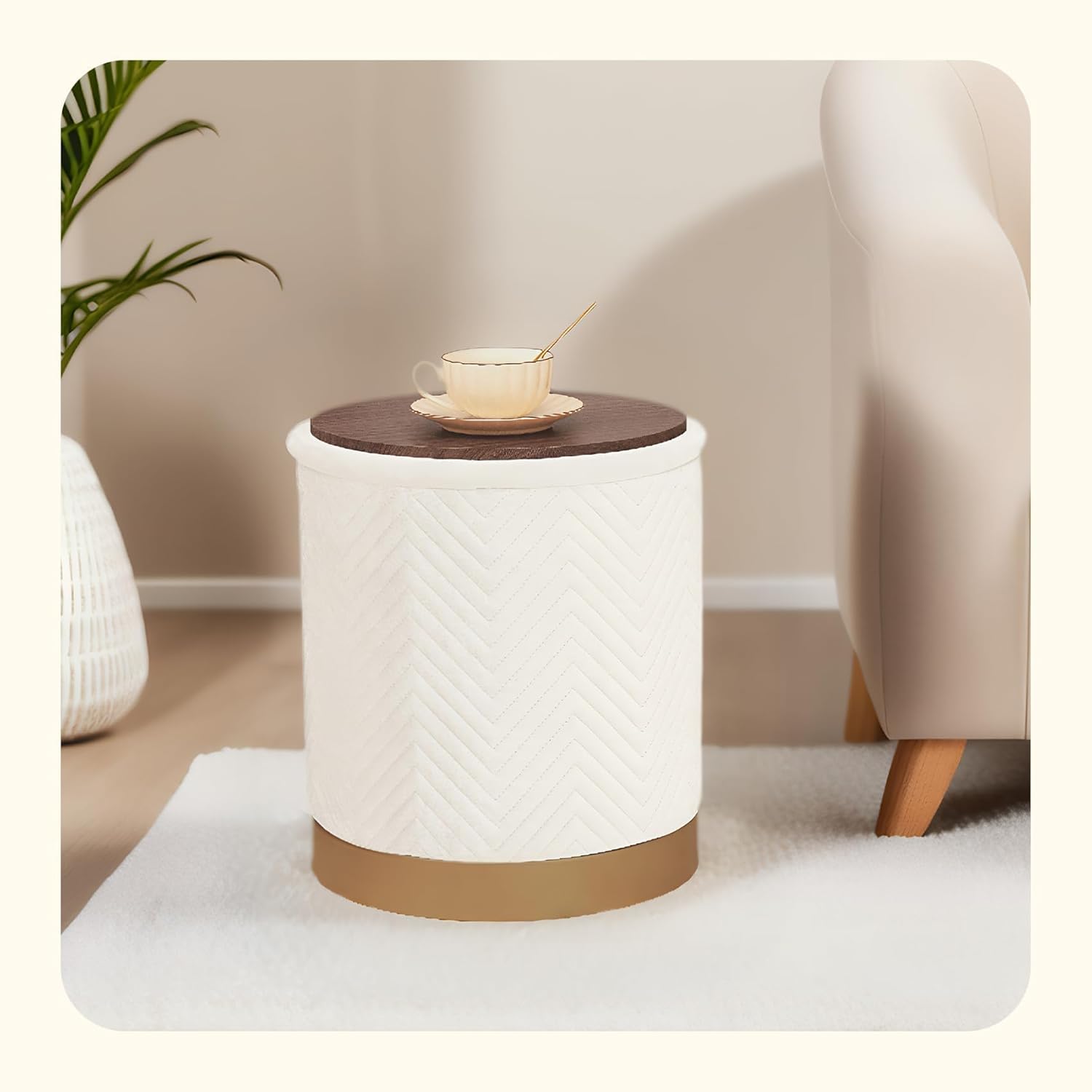 PINPLUS Ottoman with Stroage Round Velvet Ottoman with Gold Plating Base and Tray Velvet Removable Footstool Coffee Table for Living Dorm，White, 14.7"x14.7"x16.3"