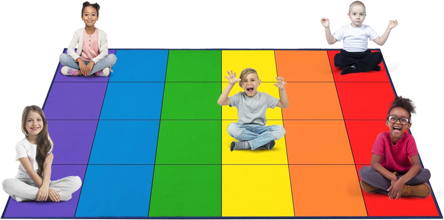 Booooom Jackson Classroom Rug, Large Elementary School Carpet, 6.5 x 9.8 ft, Rainbow Grid, Non-Slip Backing, 24 Seats