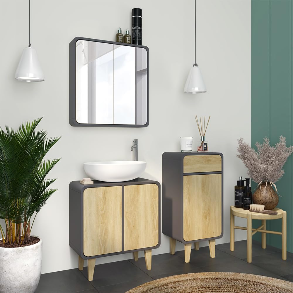 Vicco Badmöbel-Set Arla, Anthrazit/Eiche, 60 cm, besteht aus Waschbeckenunterschrank, Spiegelschrank und Midischrank