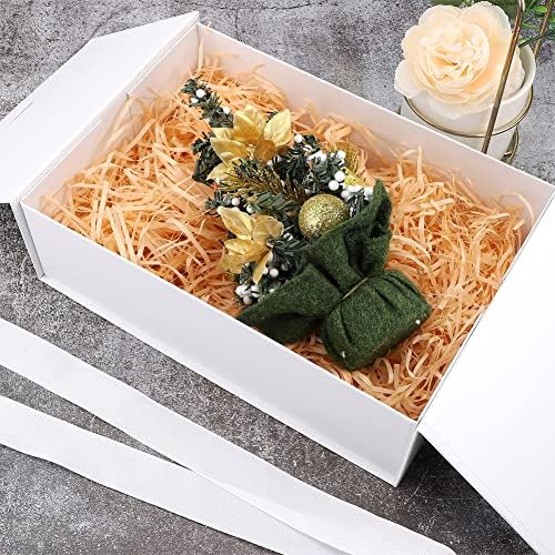 Luxury Gift Box with Ribbon,Folding Gift Cardboard Box for Presents with Lid Shredded Paper and Cards Presents Packaging Decorative Gift Boxes Folding Gift Boxes for Present 26.5 x 19 x 8cm (White)