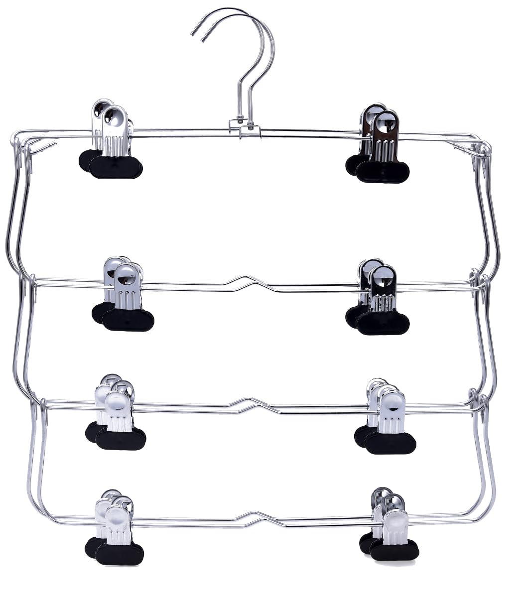Quality Hangers Slack Hangers 2-Pack | 4 Tier Pant Hangers with Clips | Collapsible Space Saving Hangers for Clothes | Perfect Jeans, Leggings, and Skirt Hangers with Clips (2, 4 Tier), Chrome