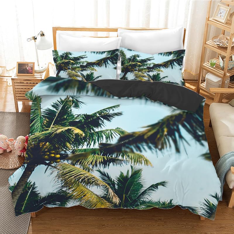 Housse de couette 240 x 260 anti-plis en microfibre respirante motif cocotier