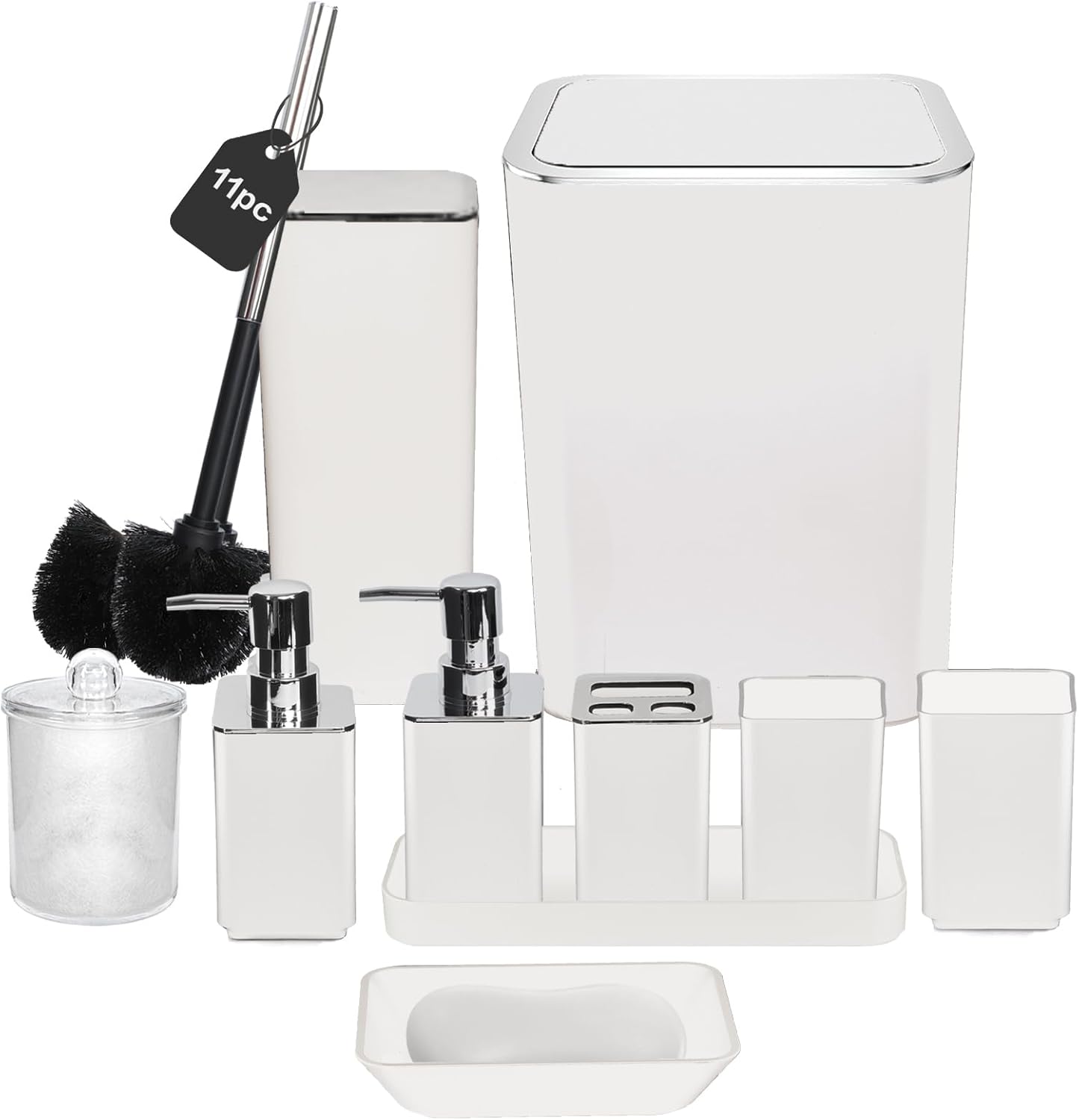 11 Premium Bathroom Accessories Set – Includes Toilet Brush, Trash Can, Soap Dispensers, Qtip Holder & More - Modern Matte Black Bathroom Set, Bathroom Accessory Set for Stylish Organization (White)