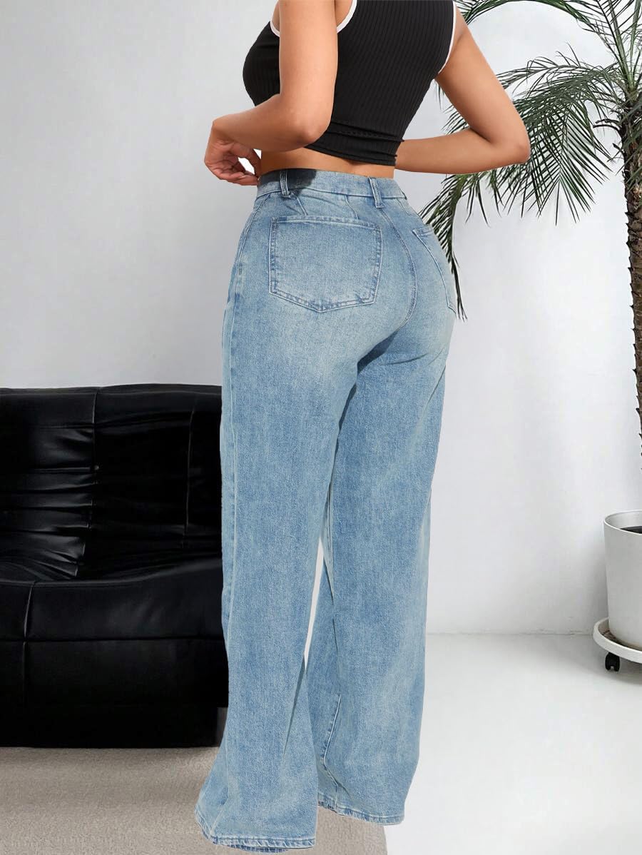 LaiyiVic Wide Leg Jeans for Women High Waisted Stretchy Straight Pants Leg Boyfriend Baggy Jeans - Image 4
