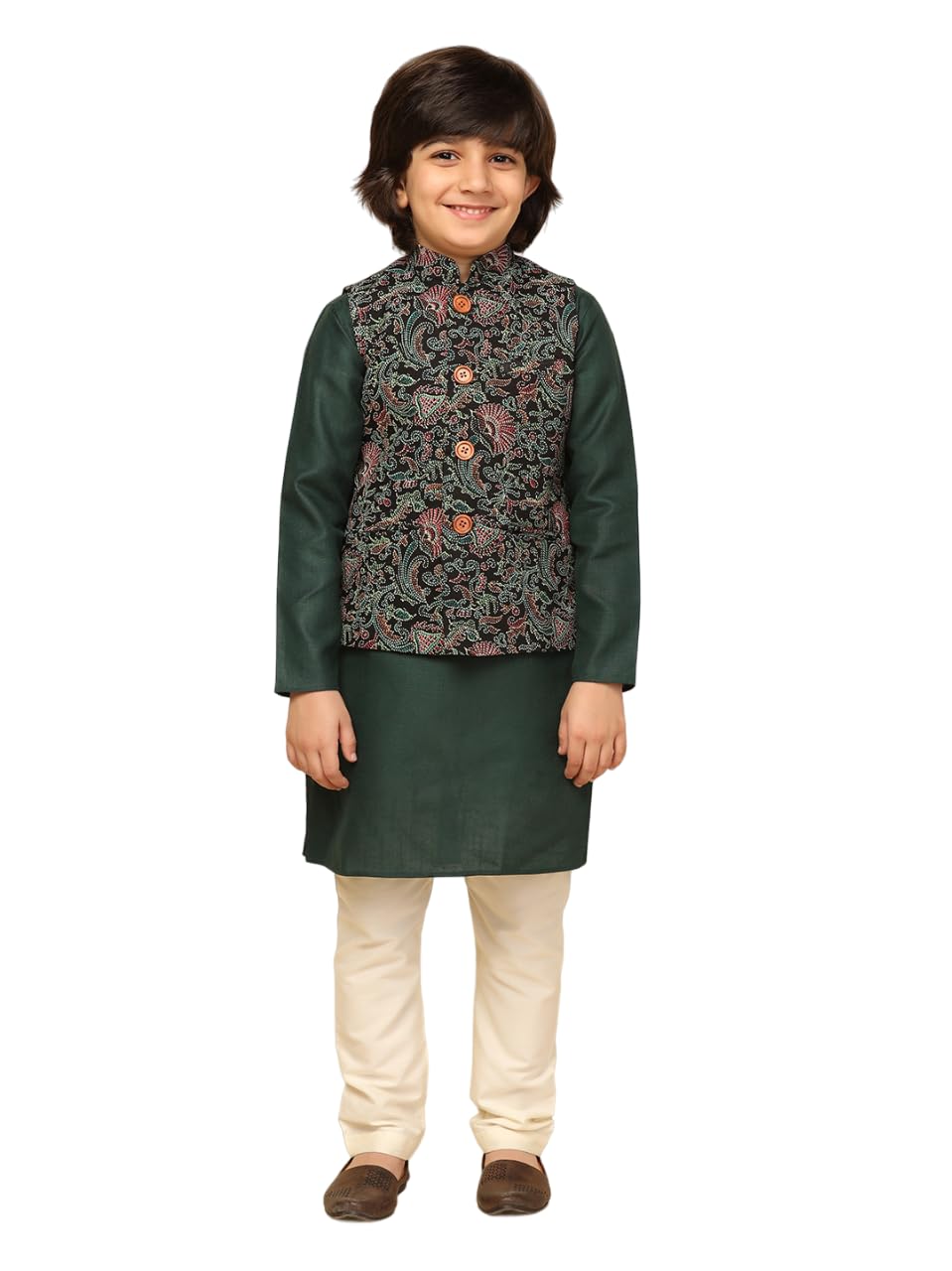 Kisah Boy's Cotton Blend Regular Fit Printed Multi Black Kurta Jacket Pyjama Set (3-4Y)