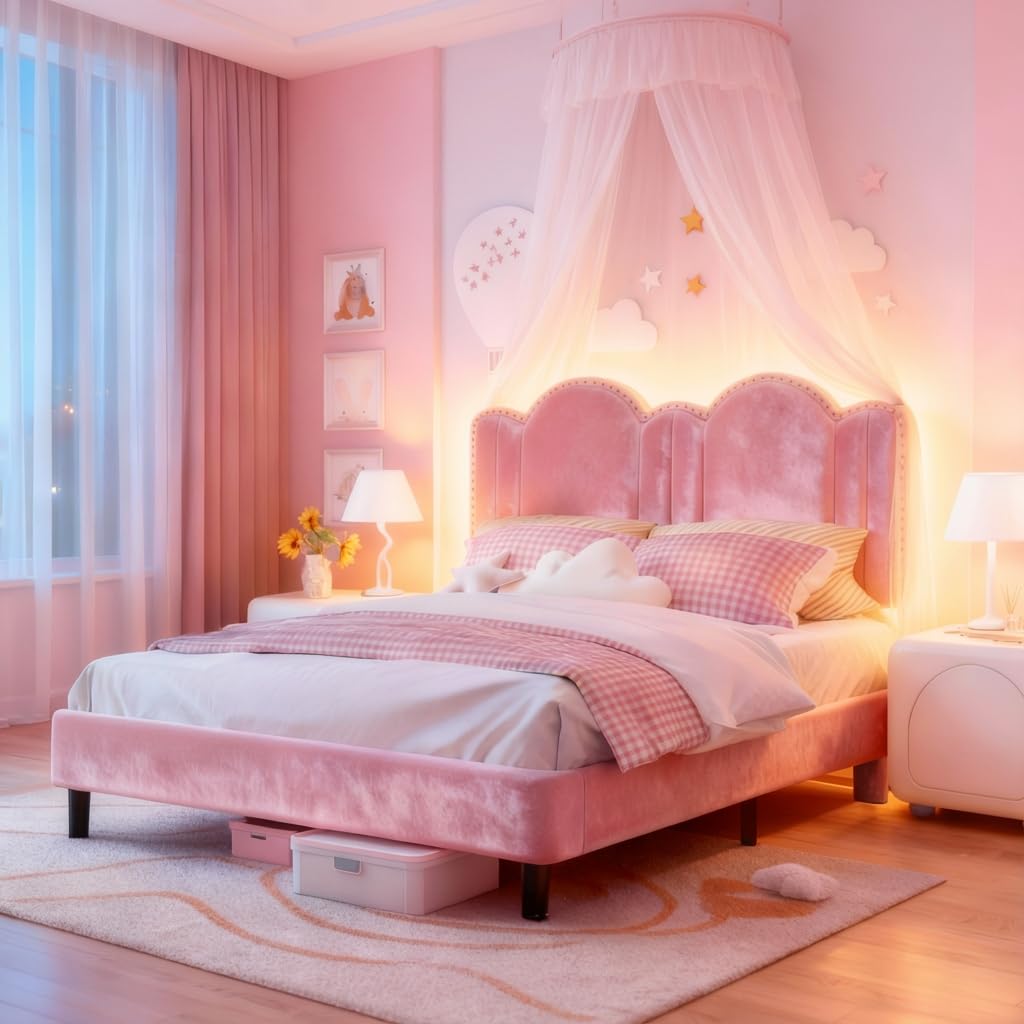 EnHomee Twin Bed Frame with Headboard and LED Lights, Velvet Pink Twin Size Bed Framewith Wooden Slats, Noise Free, No Box Spring Needed