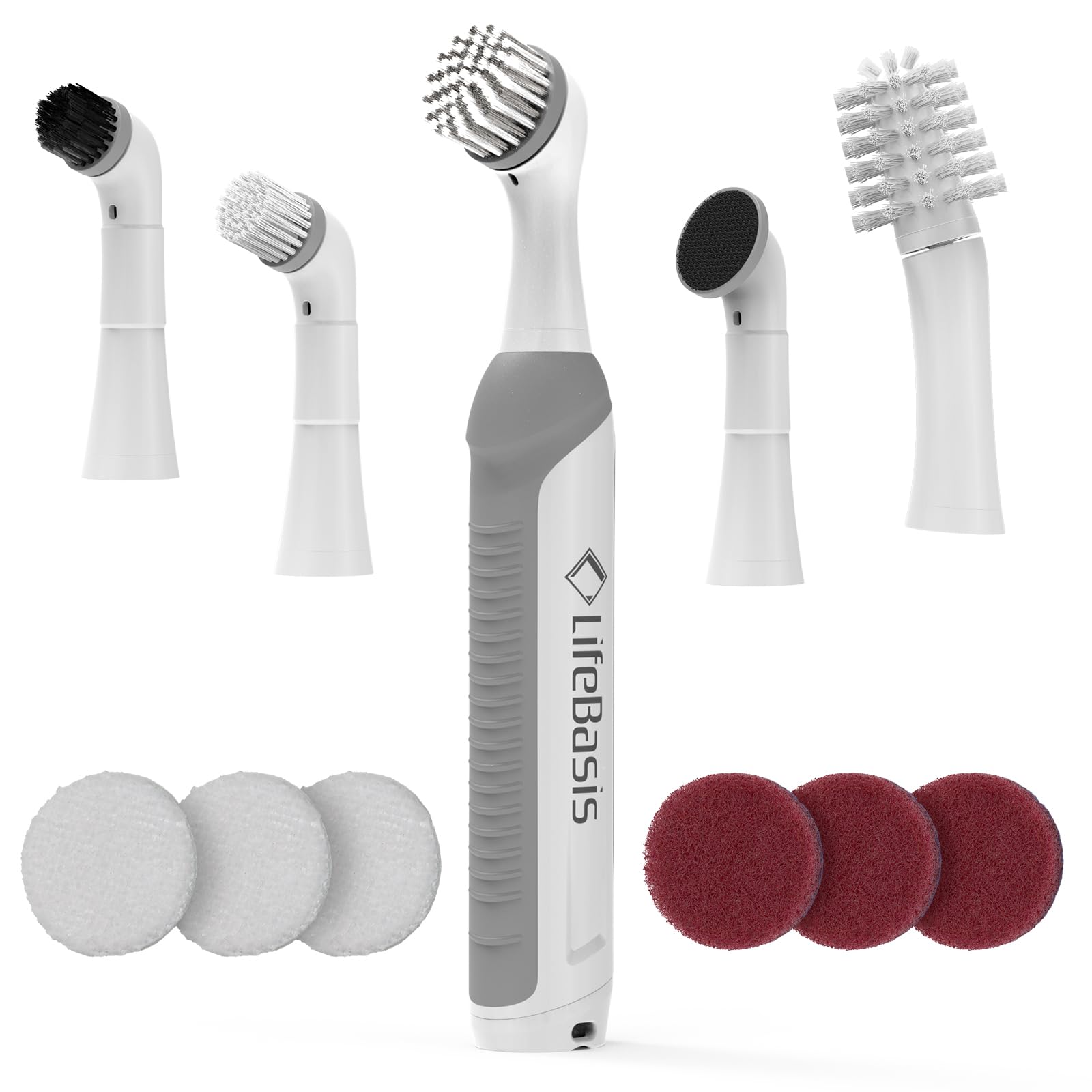 LifeBasis Rechargeable Power Scrubber, Cordless Electric Cleaning Brush, Water Resistant Small Electric Grout Brush with 5 Brushes for Home/Kitchen/Bathroom/Grout/Tile/Shower/Tub, White
