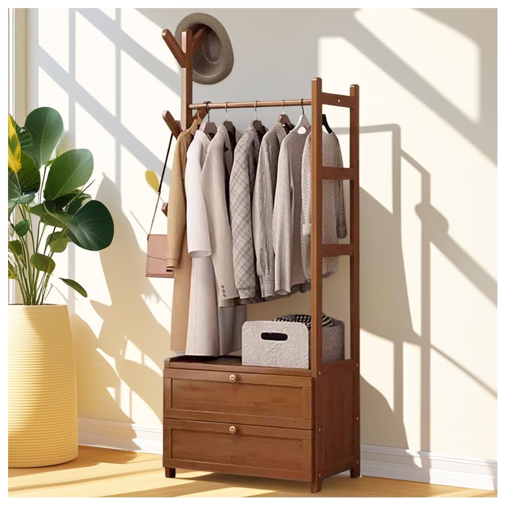 Bearqun Brown Wooden Coat Rack Stand, Coat Rack With Shoe Storage, With Shelves And Hooks, Aximum Load Of 100 Kg, Industrial Style, For Bedroom, Hallway And Entryway : 50/70/80/100Cmx30cmx158cm