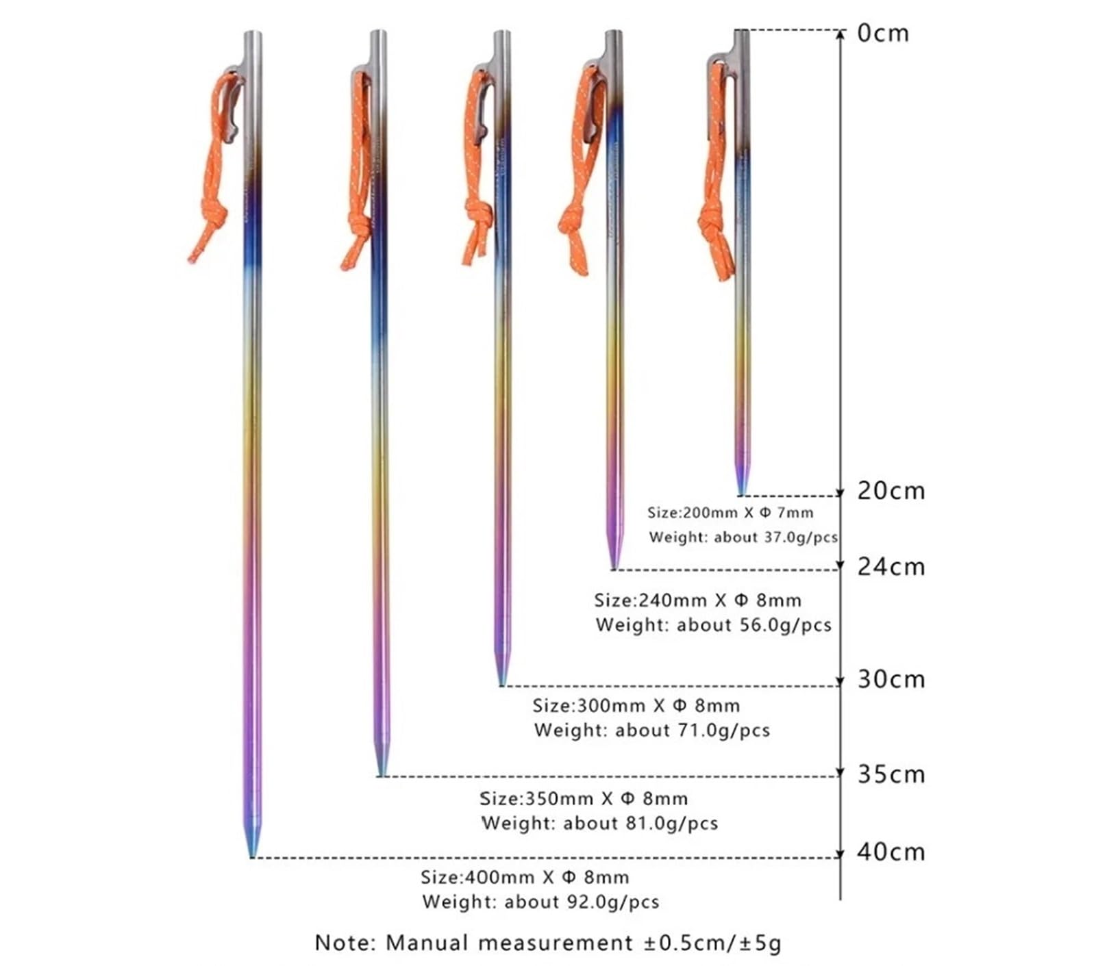 Śledź namiotowy, Zestaw 6 szt. tytanowych śledzi do namiotu, wytrzymałych kołków kempingowych, 20-40 cm, gwoździe mocowania baldachimu twardego gruntu(24cm)