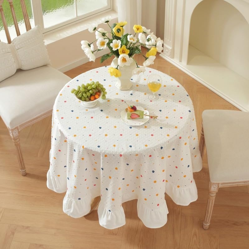 HAIRUO Cotton Linen White Tablecloth Farmhouse Polka Dot Table Cover for Wedding Parties Kitchen Picnic Home Decor (White,Round, 70")