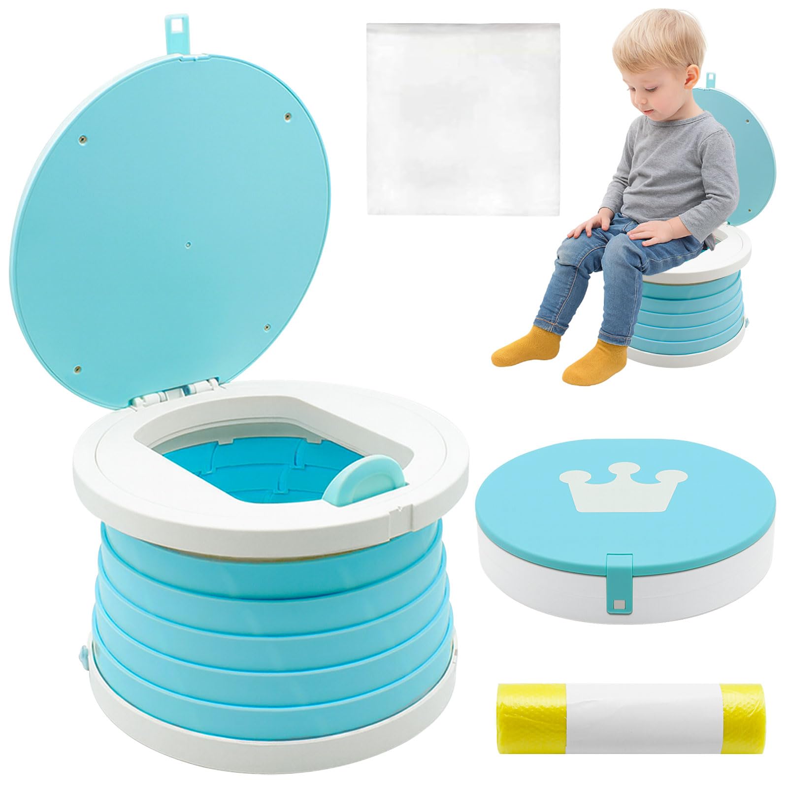 Siège Toilette Pliable, Pot de Voyage pour Enfant, Toilette Portable Enfant, Siège de Pot WC, avec Rouler Sacs, Sac de Rangement, pour Voyages Camping Voiture Plage Usage Familial (Bleu)