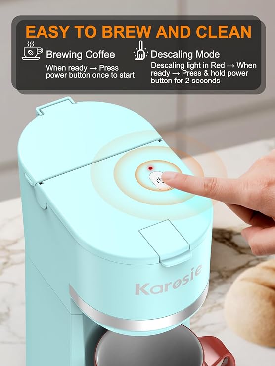 Single Serve Coffee Maker for K-Cup and Ground Coffee, Fast Brew, 6-12 oz Brew Sizes One Cup Coffee Machine Fits 5.5 Mugs, One-Button Small Coffee Maker with Descaling Reminder, Light Blue