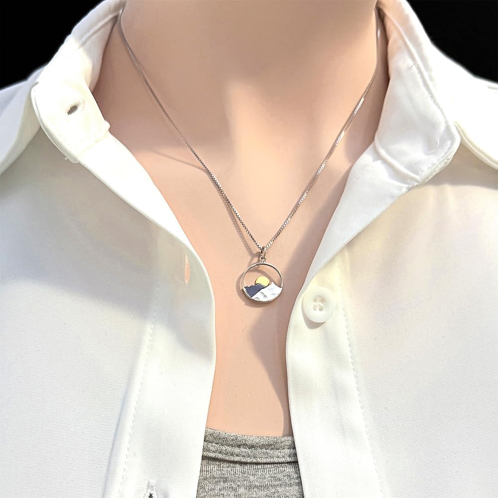 Sterling Silver Mountain Range and Bronze Sun Necklace, Mountain Necklace for Women, Travel Necklace, Outdoors Necklace