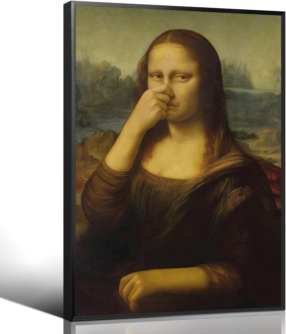 Funny Bathroom Wall Art, 16x24in Black Framed Humor Mona Lisa Pinching Nose Poster, Vintage Whimsical Toilet Picture Canvas Print, Boho Home Wall Decor For Bathroom Toilet Washroom Ready To Hang