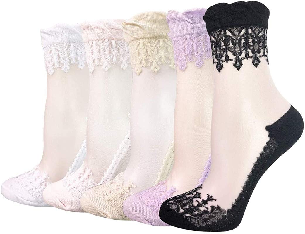 pinkit Women's 5 Pairs Ultra-Thin Transparent Lace Elastic Short Ankle Socks- Any 5 colors (Pack of 5 Pairs)-picture-30