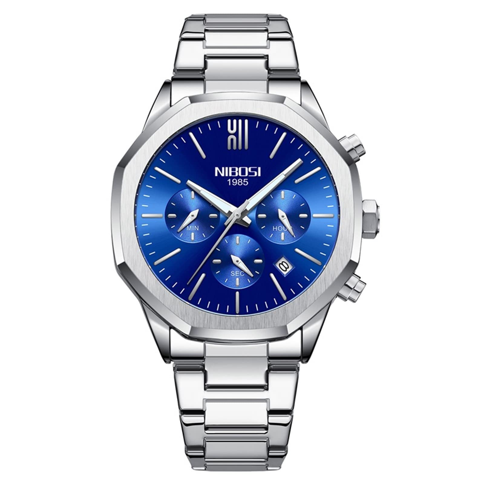 NIBOSI Mens Watches Stainless Steel Quartz Chronograph Watches for Men with Auto Date Wrist Watch for Men Boys Husband Steel Strap (Silver Blue) (B0B2K62KF3) Amazon Price History, Amazon Price Tracker