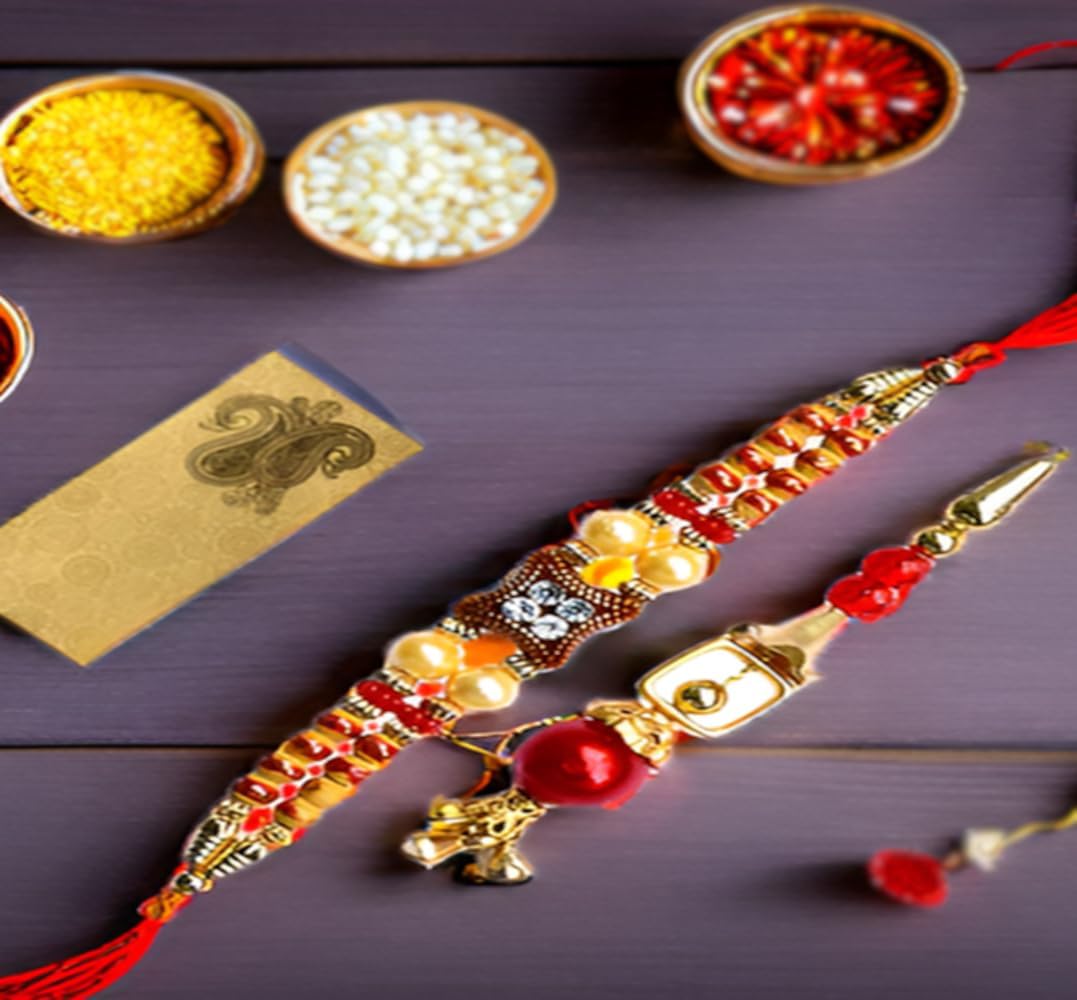 Purpledip Bhai Dooj Rakhi Set For Brother & Bhabhi In Designer Shagun Envelop With Roli Chawal Tika (rakhi38r)