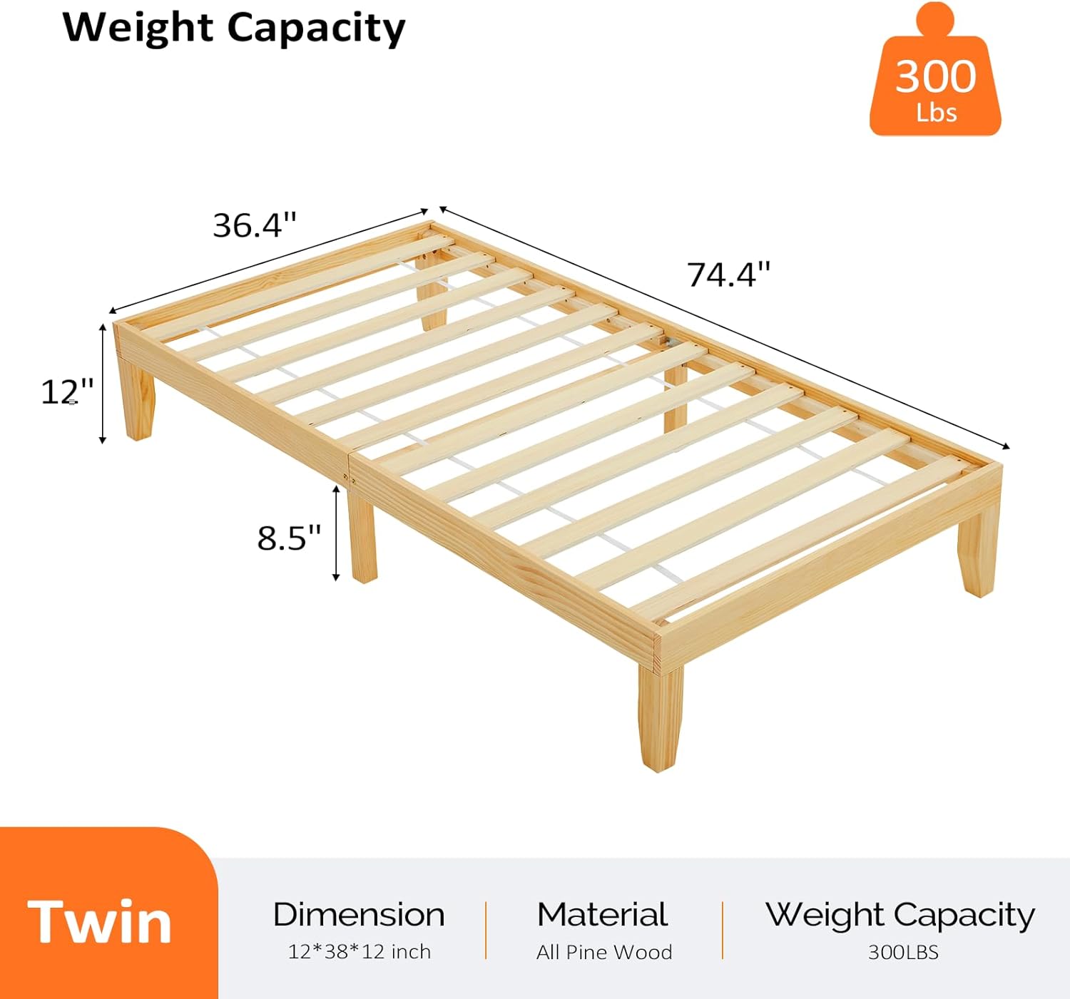 Diagram showing dimensions and weight capacity of the twin bed frame