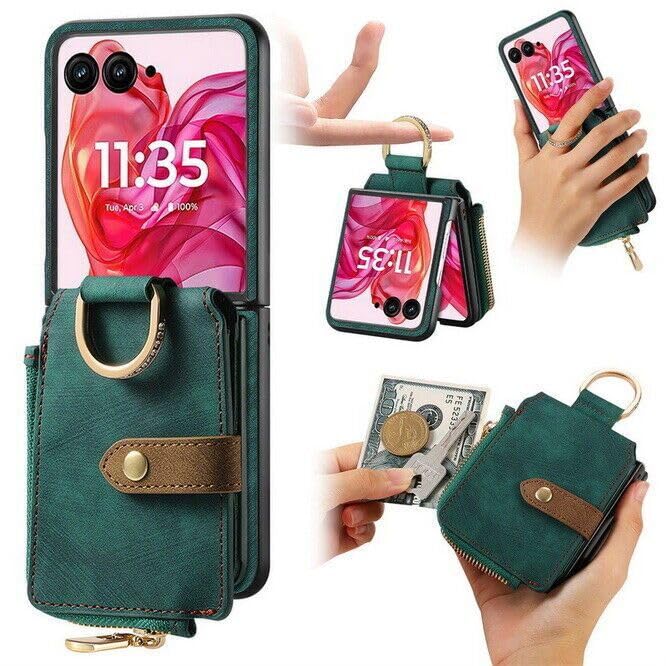 Coque Moto Razr 50 Ultra portefeuille vert protection antichoc avec anneau support arri&egrave;re