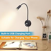 Vista 5 de Luz de lectura regulable montada en la pared con puerto de carga USB, luz de lectura LED enchufable, lámparas de pared con cuello de cisne flexible