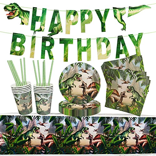 Kit Décoration Anniversaire Dinosaure - Nappe, Assiettes, Ballons, Banner - 48 Pièces
