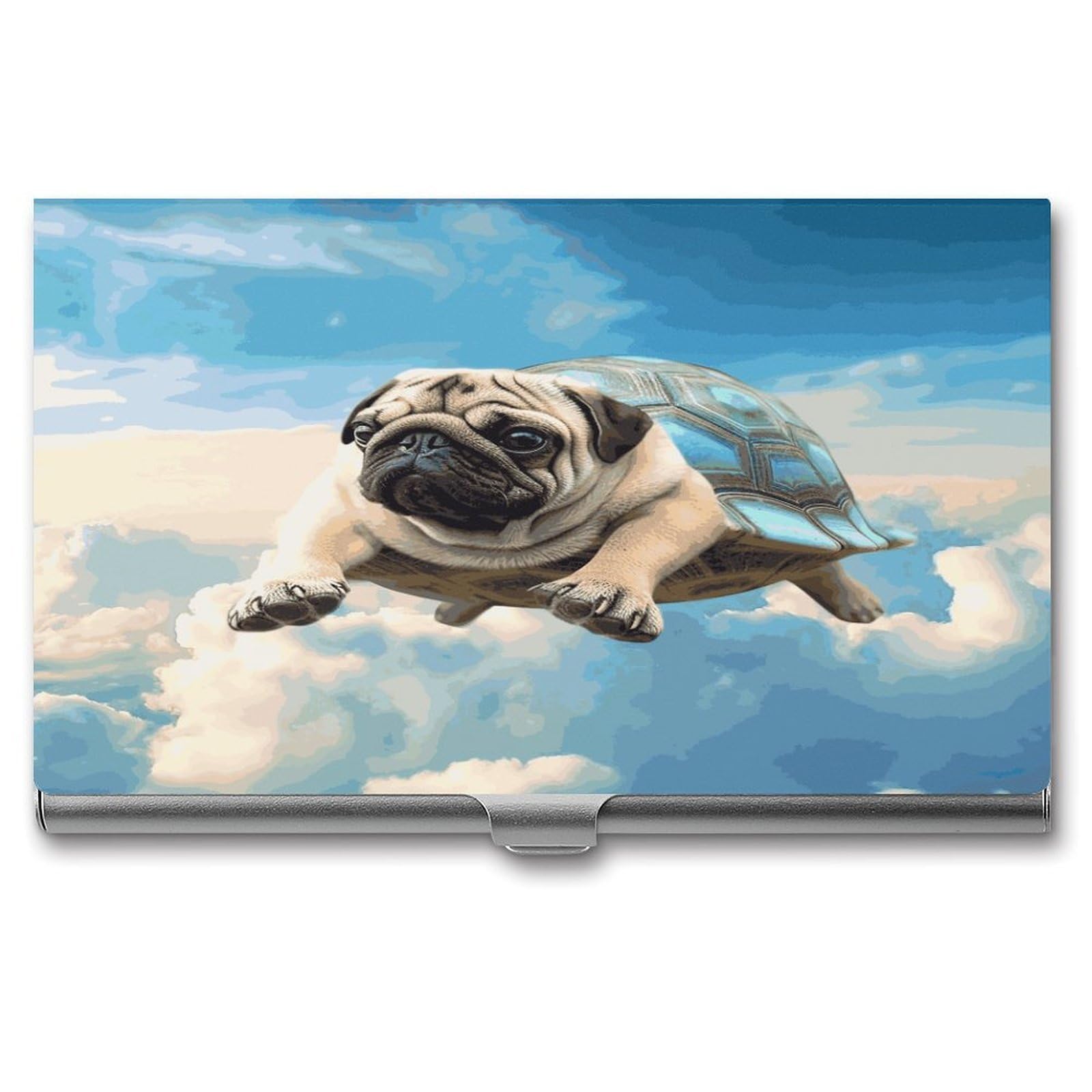 JTREHY Funny Turtle Pug Dog in The Sky Business Card Holder Slim Purse Name Card Holder Portable Metal Business Card Case Wallet Large Capacity Lightweight Business Card Case for Men Women