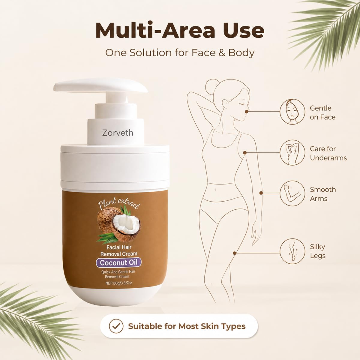 2-Pack Coconut Oil Facial Hair Removal Cream for Women, Gentle Depilatory Cream for Upper Lip, Chin & Cheeks, Face & Body Hair Remover for Sensitive Skin, Smooth Finish